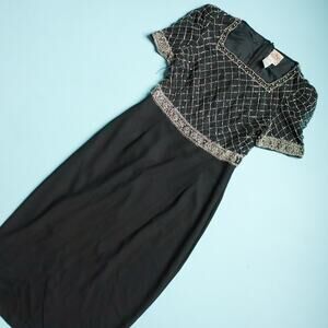 Alyce Designs Vintage Black Silver Beaded Cap Sleeve Formal Dress Size 10 Ankle